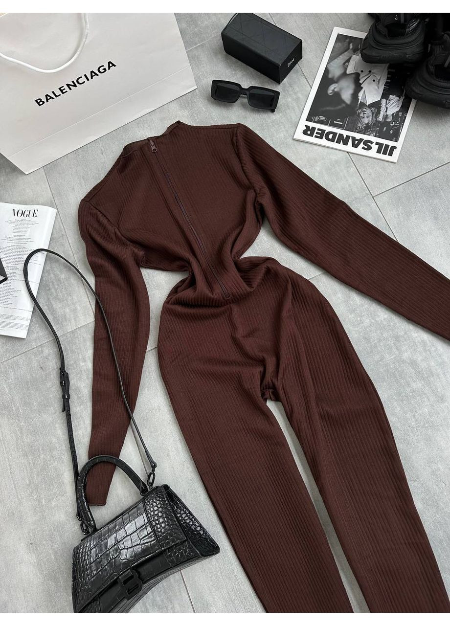 Жіночий комбінезон ангора рубчик на флісі No Brand Б1436/1437-415 комбінезон-брюки коричневий ангора, фліс