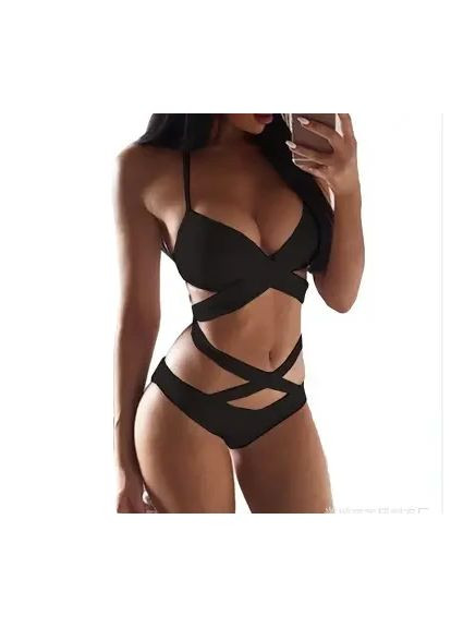 Черный летний раздельный купальник с переплетами на пушапе. раздельный купальник сзади бюстгальтер на замочке. China