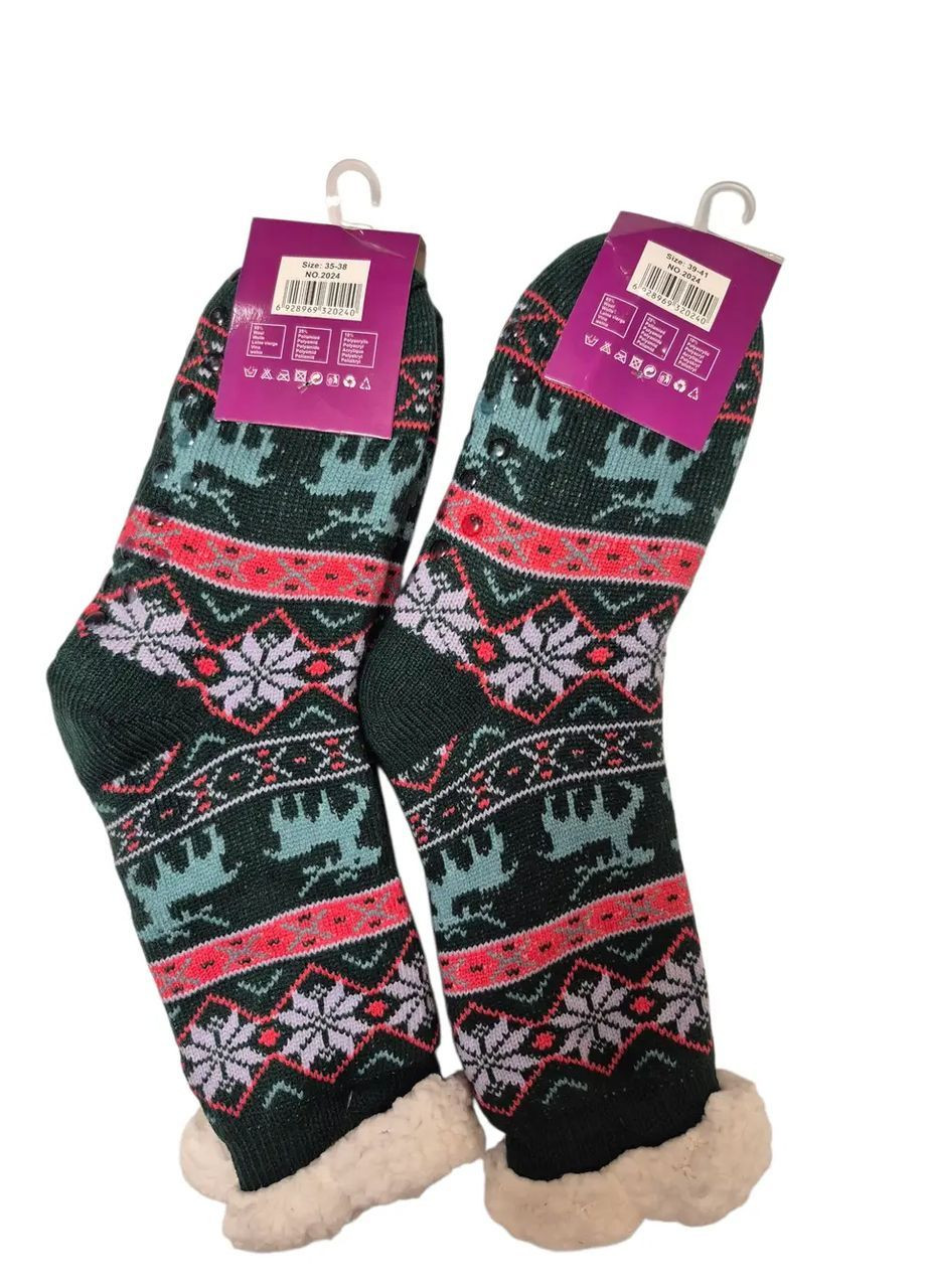 Зелёные носки женские, теплые флисовые с мехом, для дома с антискользящим покрытием на подошве. новогодние (369960117)