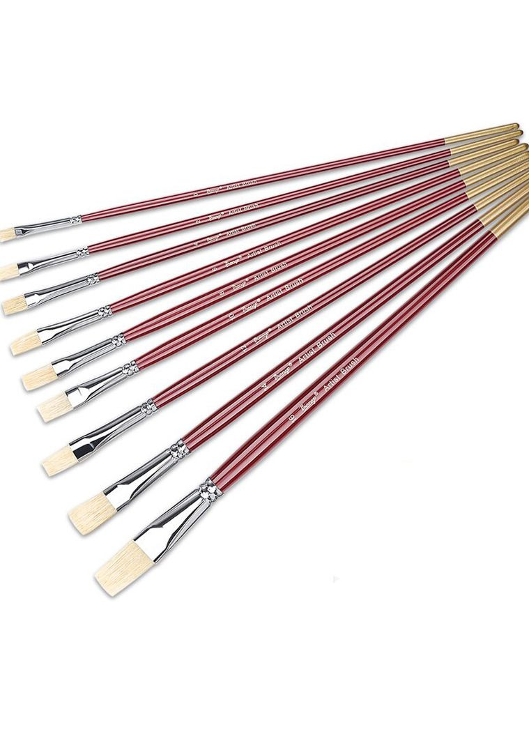 Набір художніх пензлів із синтетики плоскі, з довгою ручкою, 9 штук Worison (322650363)