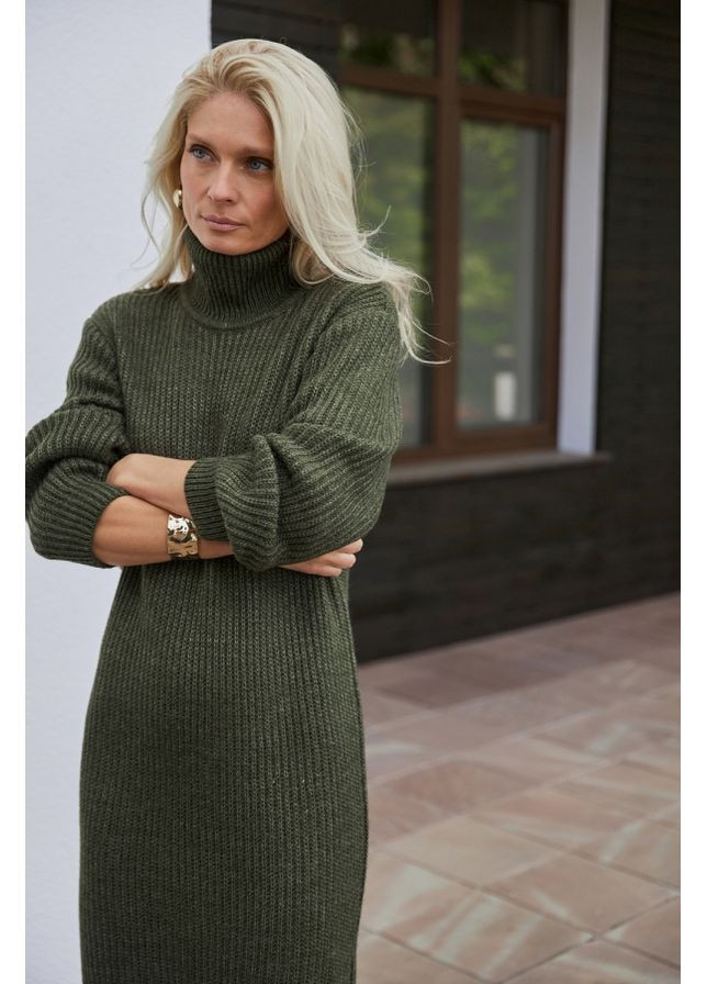 Оливкова (хакі) повсякденний жіноча тепла довга сукня з вовни (2897) Triko Bakh