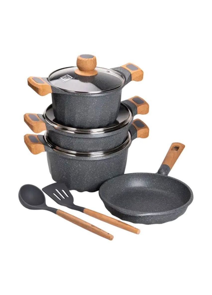 Набор посуды, 3 кастрюли, алюминиевая толстодонная кастрюля с лопаткой и половником серый HP-4-401G MGC (353504598)