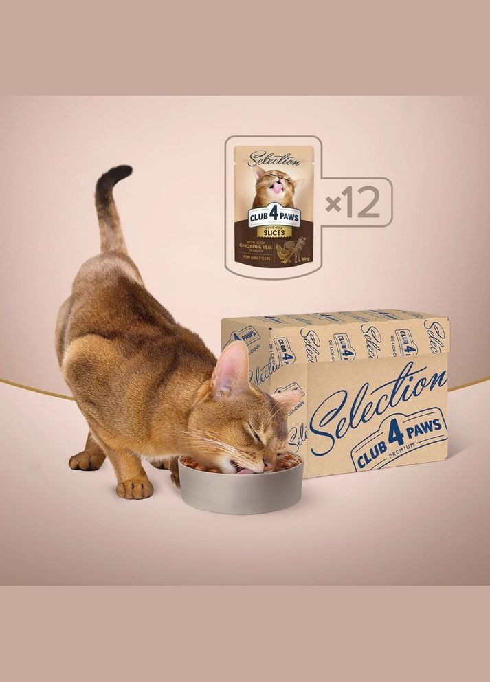 Вологий консервований корм для котів Шматочки з куркою та телятиною в соусі 80 г Клуб 4 Лапи Selection Клуб 4 Лапы (278307910)