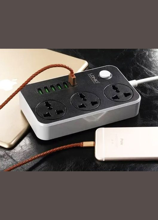 Сетевой фильтр SC3604 удлинитель 2 м 3 розетки 6 USB с защитой Серо - черный Ldnio (297331532)