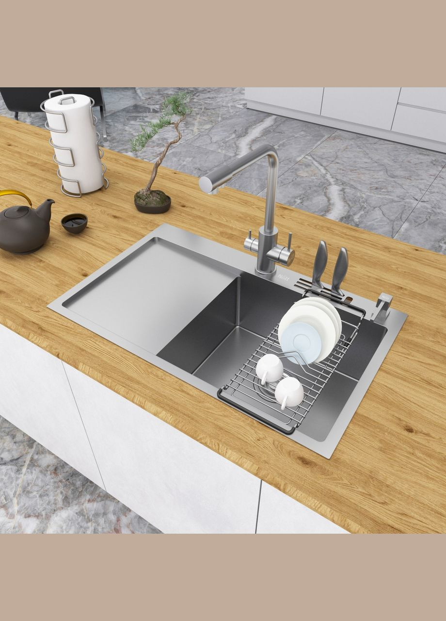 Кухонная мойка из нержавеющей стали с левым крылом накладная NS-7848(L) Nett (336933117)