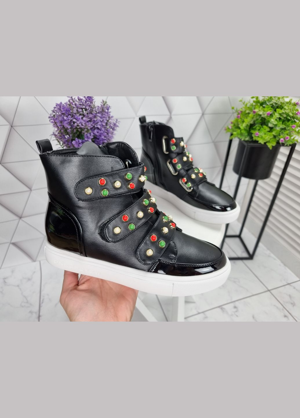 Снікерси на танкетці і платформі на ліпучках No Brand чорні (322650800)