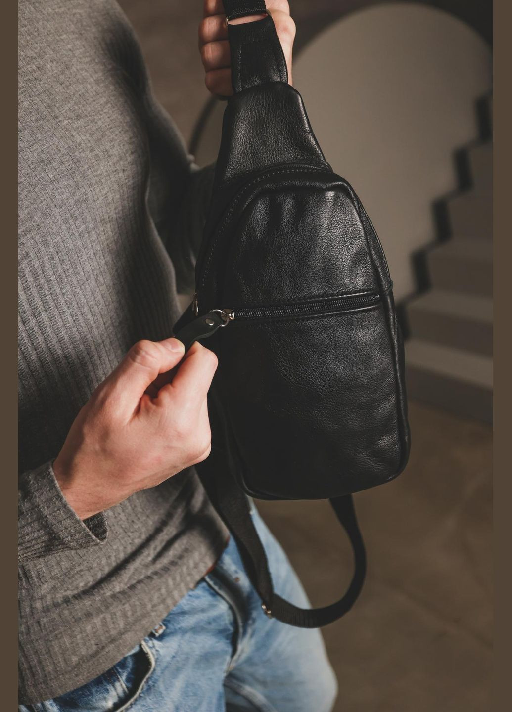 Сумка через плече шкіряна, сумка-слинг чоловіча SL014 (Чорна) SKILL (324216488)