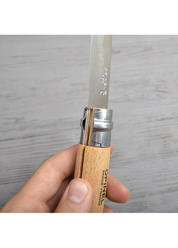 Нож складной №10 Inox (длина: 210 мм, лезвие: 100 мм), бук, тип стали Sandvik 12C27, вес 0,046 кг, Virobloc замок Opinel (395600380)