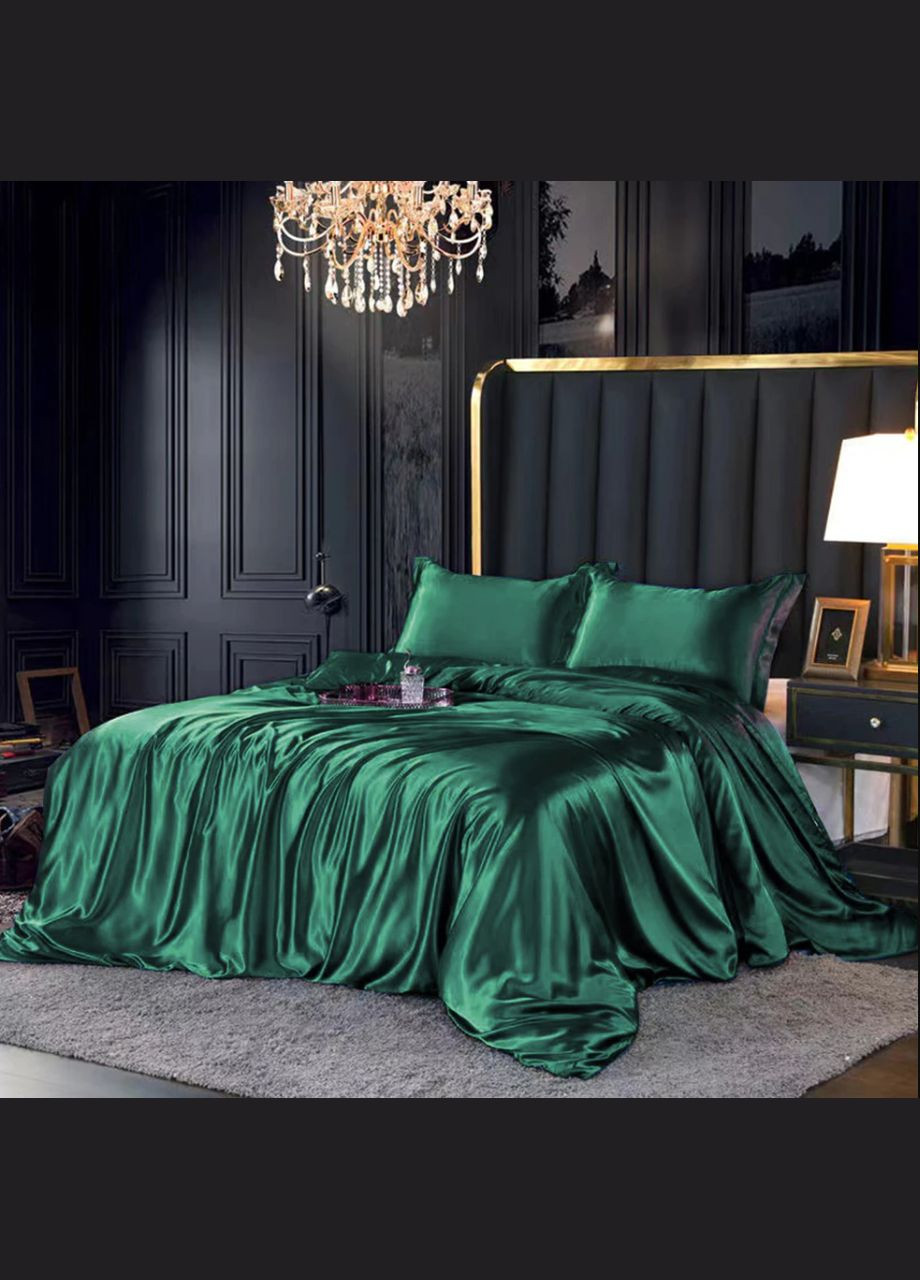 Атласна постільна білизна Євро Смарагдовий 200 x 220 з простирадлом на гумці (141404-02) No Brand (308754952)