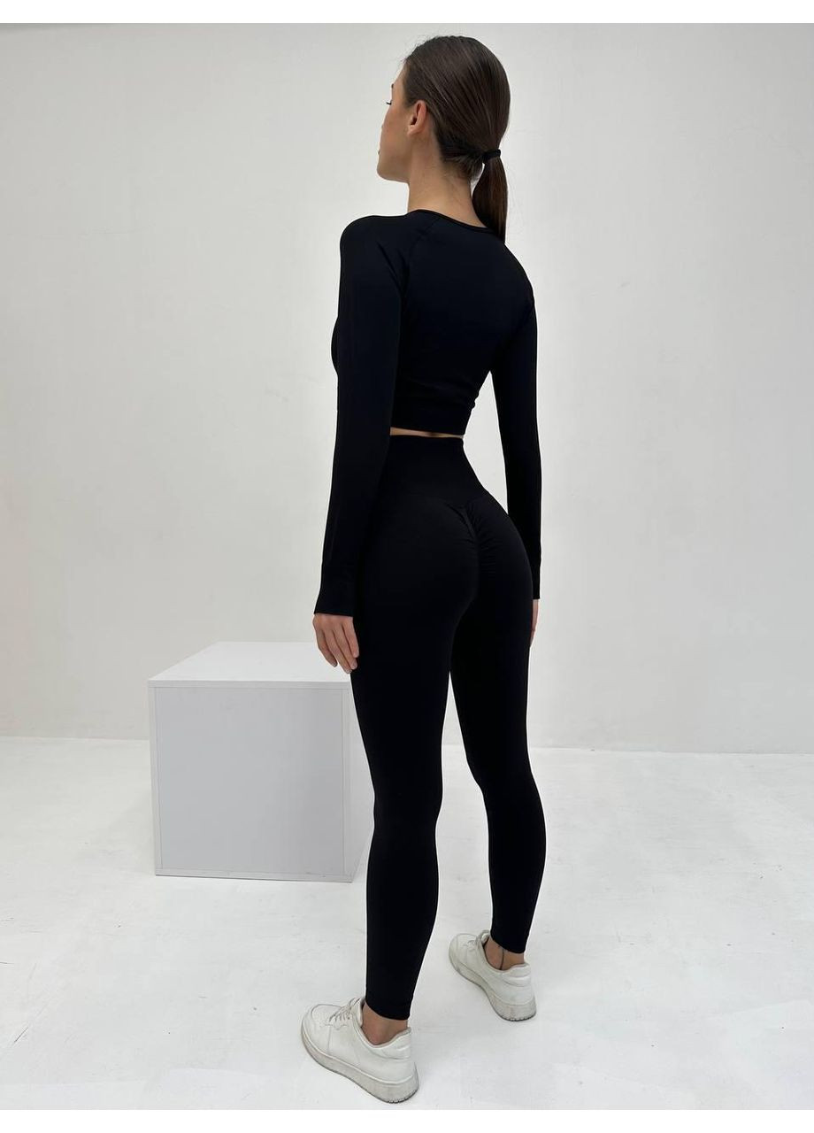 Жіночий фітнес костюм з довгим рукавом / Жіночий безшовний спортивний костюм чорного кольору / Жіночий фітнес комплект No Brand (367102102)