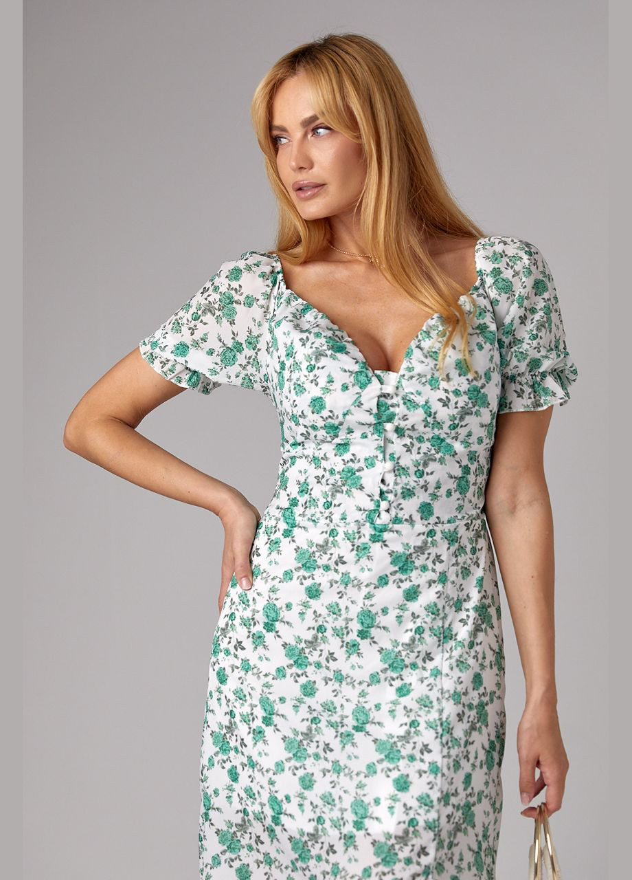 Зеленое кэжуал летнее платье миди с коротким рукавом и открытыми плечами 3297 Lurex с цветочным принтом