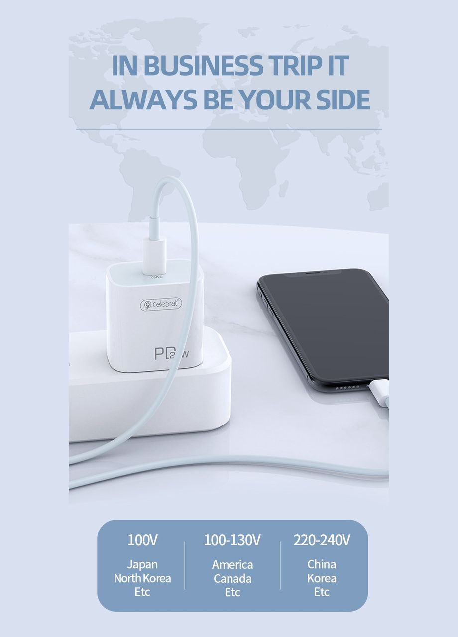 Сетевое зарядное устройство C-H4 Portable Type-C 20W Charger White + Lightning Cable Celebrat (333031762)