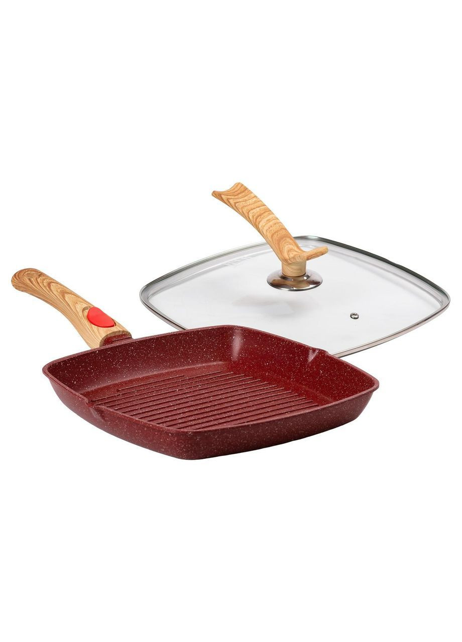 Алюмінієва сковорода-гриль 28 см зі скляною кришкою Square Red HP-4-462R MGC (368767338)