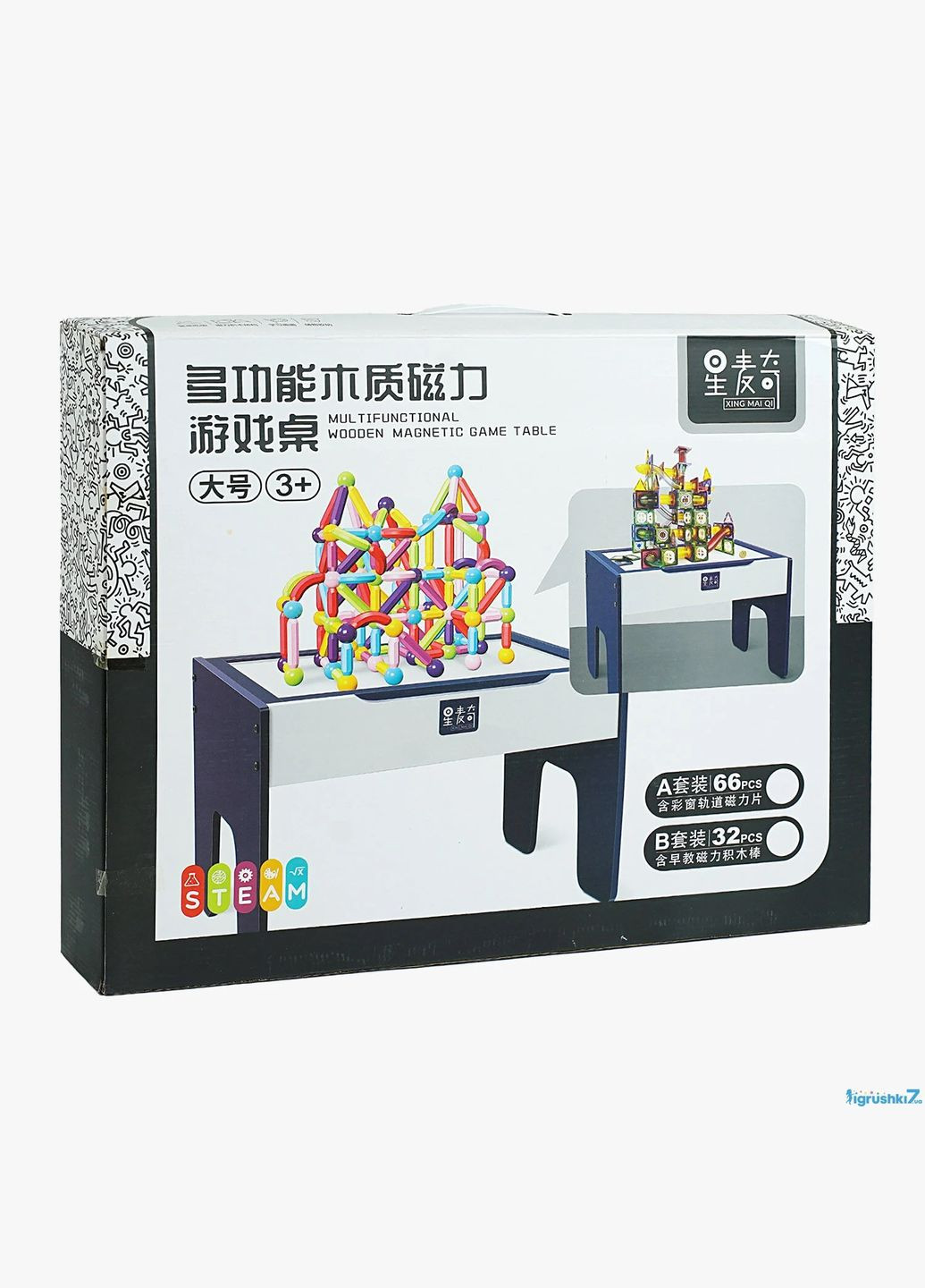 Конструктор магнітний, 32 деталі, дерев'яний стіл, 55х38х39 см, двостороння дошка для малювання, маркер. Multicolor (155965) Yufeng (340910730)