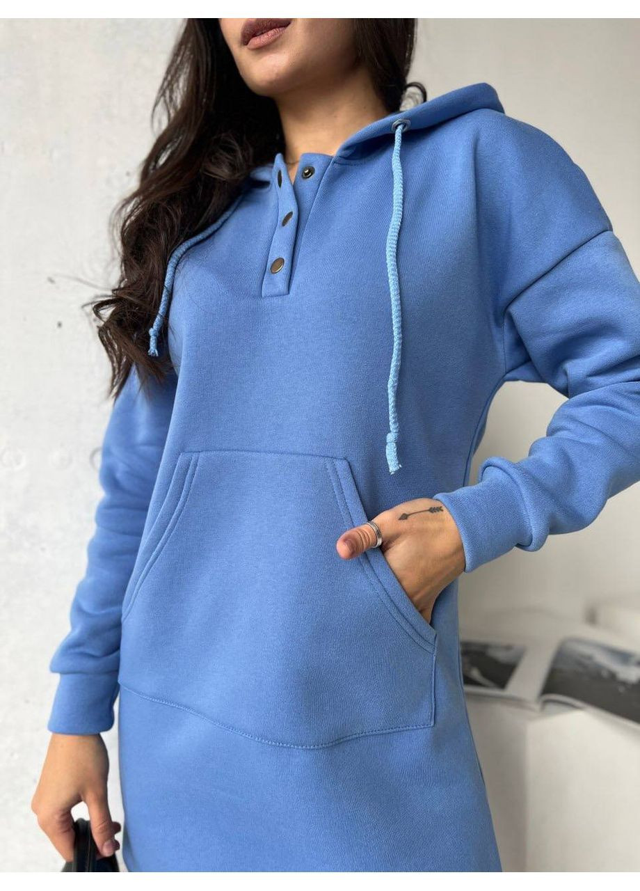 Светло-синее платье 2070 трехнить на флисе с капюшоном и карманом кенгуру Україна