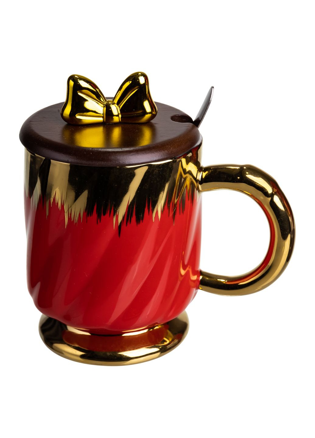 Чашка фарфоровая Ribbon 450 мл с крышкой и ложкой, красный Yiwu (373639612)