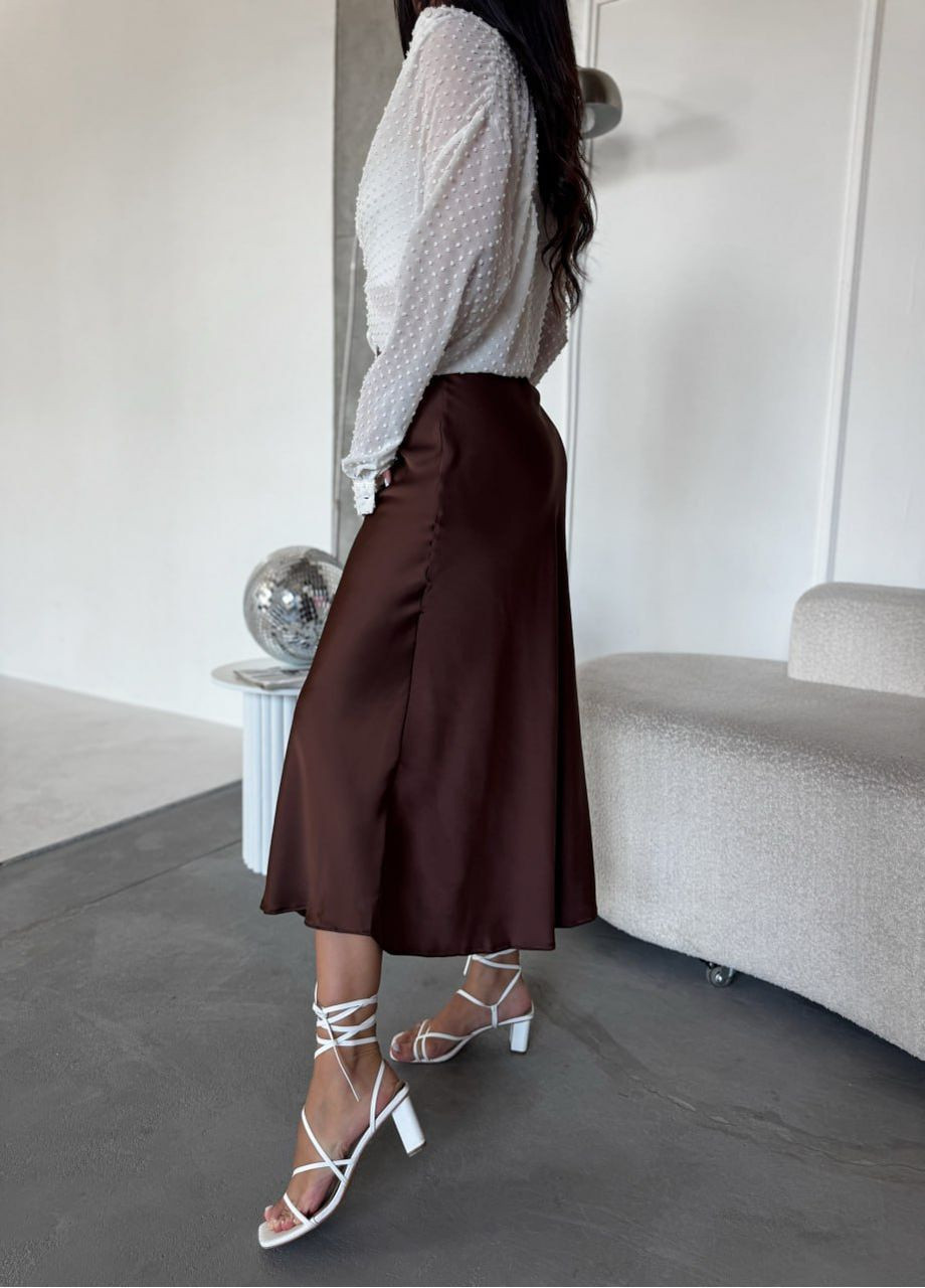 Коричневая праздничный, коктейльный, повседневная, вечерний, офисная, кэжуал однотонная женская шелковая юбка No Brand клешированная