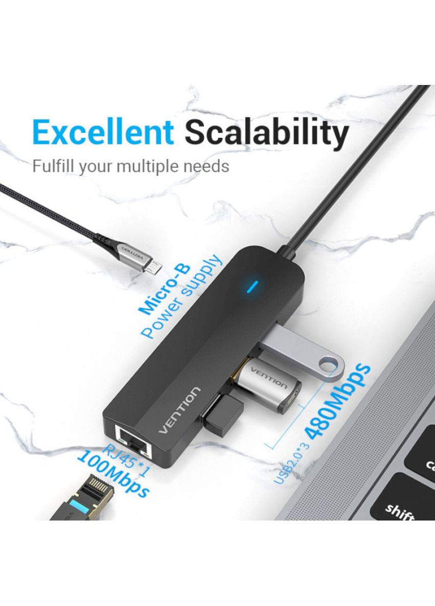 USB-хаб USB-C to USB 3.0*3/RJ45/Micro-B HUB 0.15M Black ABS Type Vention (340277711)