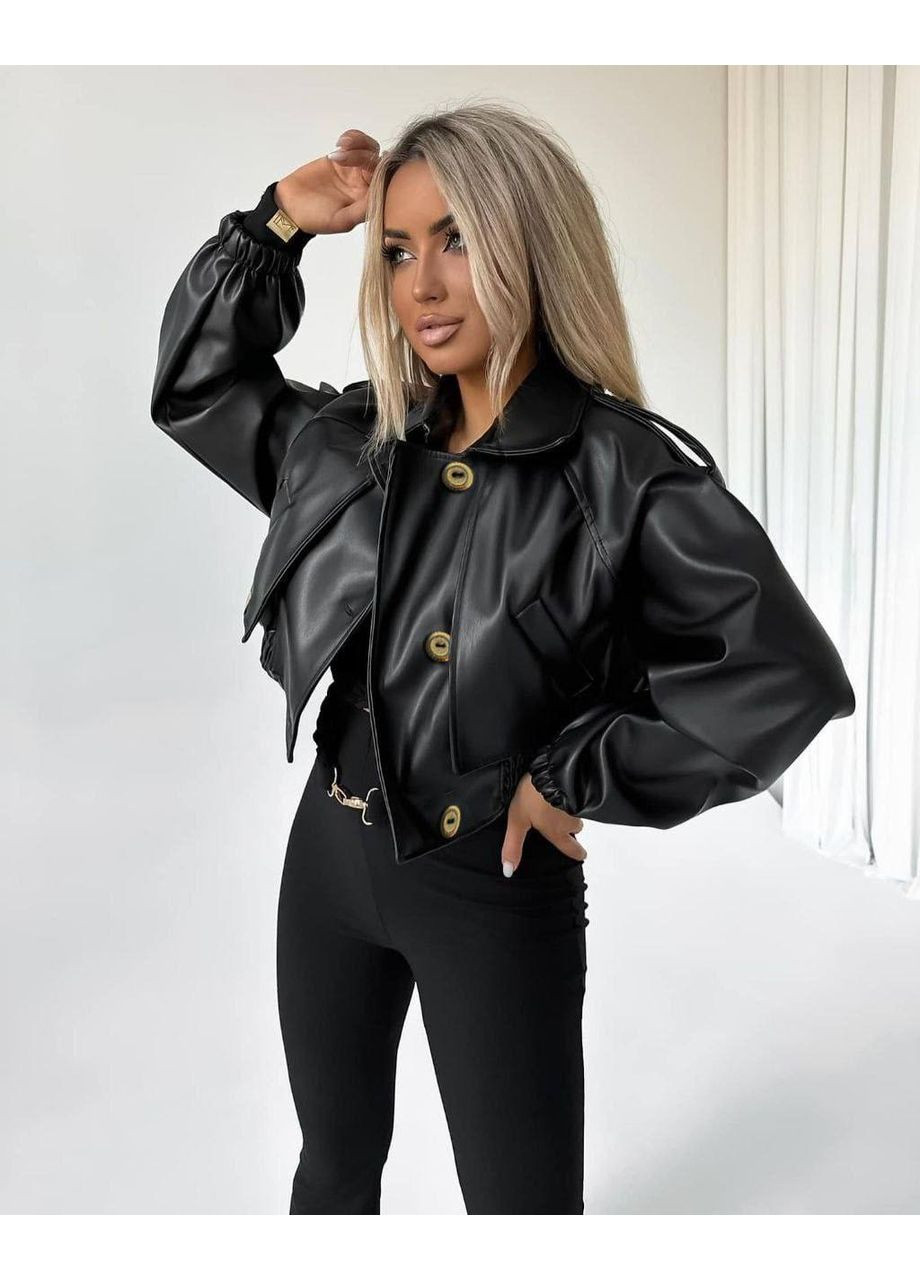 Бомбер из эко кожи на флисе – Размерная сетка в описании. Vione на пуговицах (367075021)