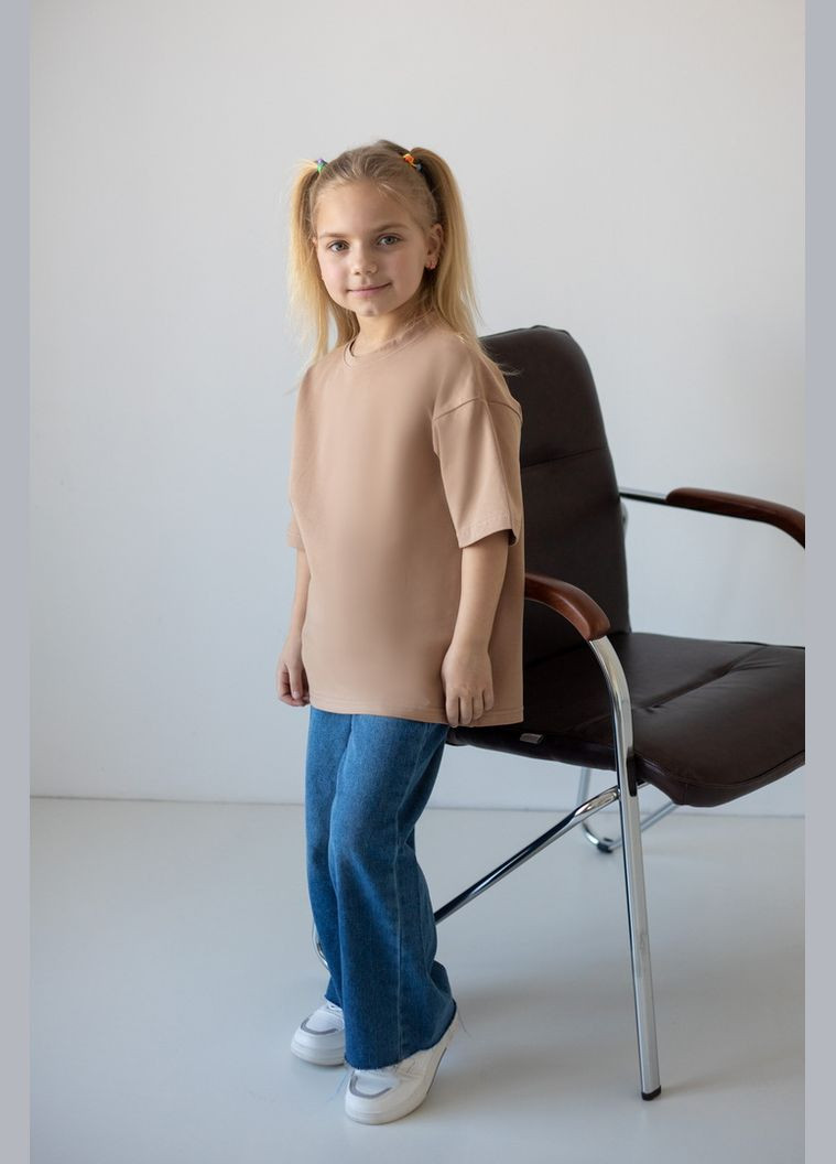 Темно-бежева демісезонна футболка "oversize" для дівчаток 03-8012-83д 128 см Авекстекс