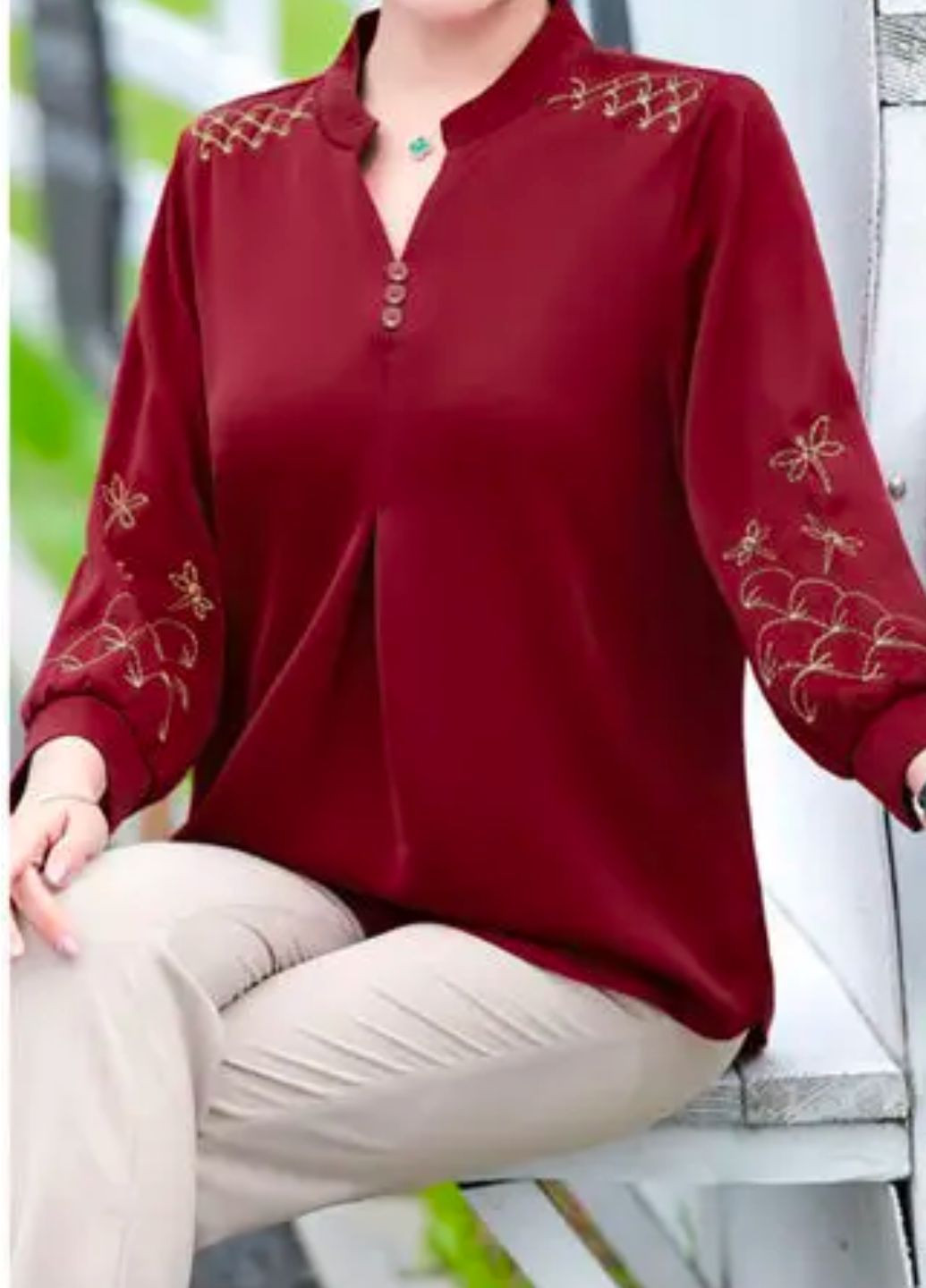Бордова блуза жіноча вільна з оригінальною вишивкою No Brand