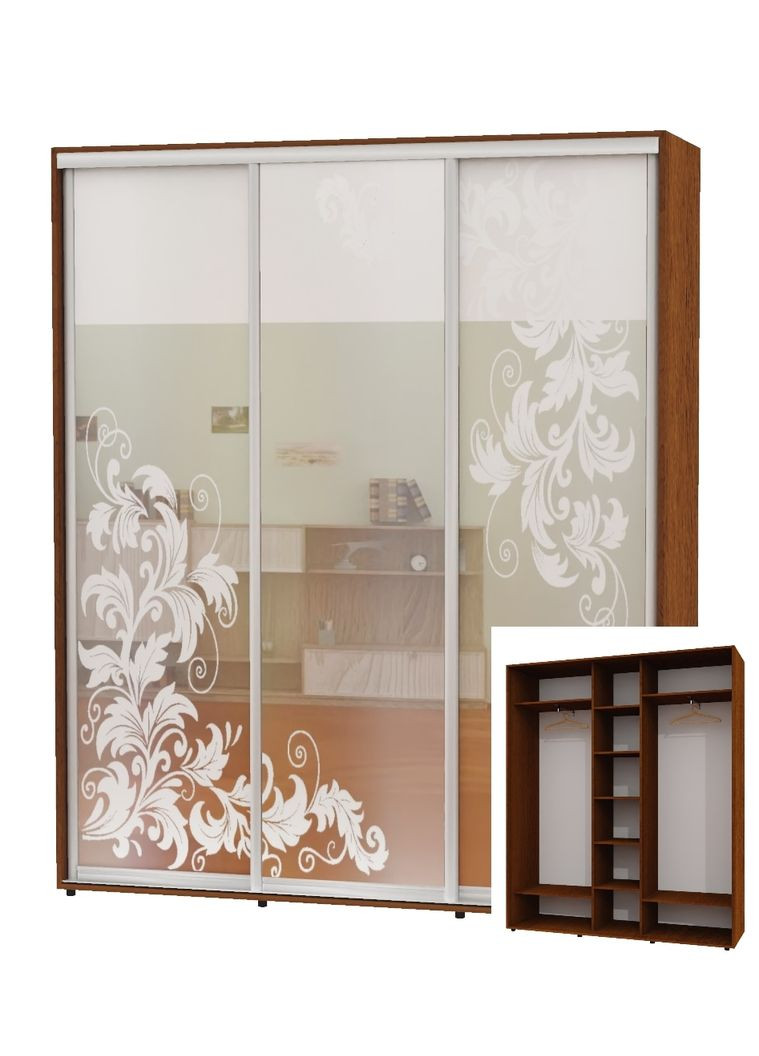 Шафа-купе тридверна 230*45*220 Горіх лісовий Дзеркало з піскострумним малюнком ШК-04 Алекса (360457876)