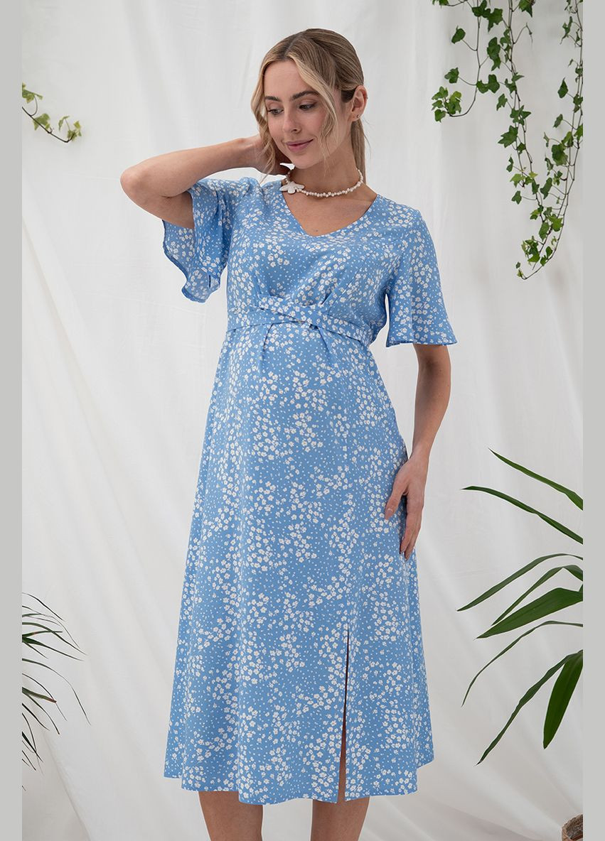 Голубое нарядное платье для беременных и кормящих мам из штапеля голубое Юла мама