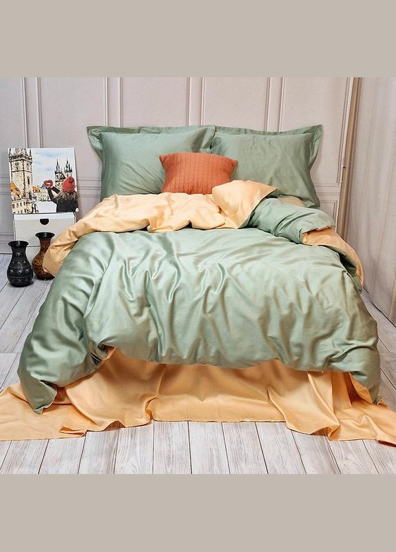 Постельное белье ДУЭТ GREEN FOG/SOFT PEACH Premium Сатин однотон Двуспальное на резинке Сатин однотон MERISET (335051895)