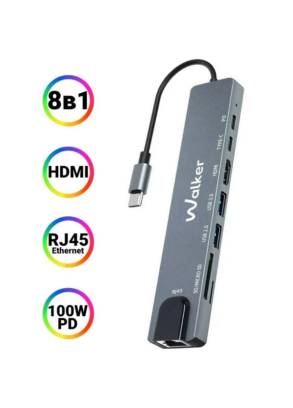 USB хаб Type-C usb-c адаптер переходник 8 в 1 картридер с картой памяти microSD HDMI зарядкой интернетом AUX выходом для Walker (366670968)