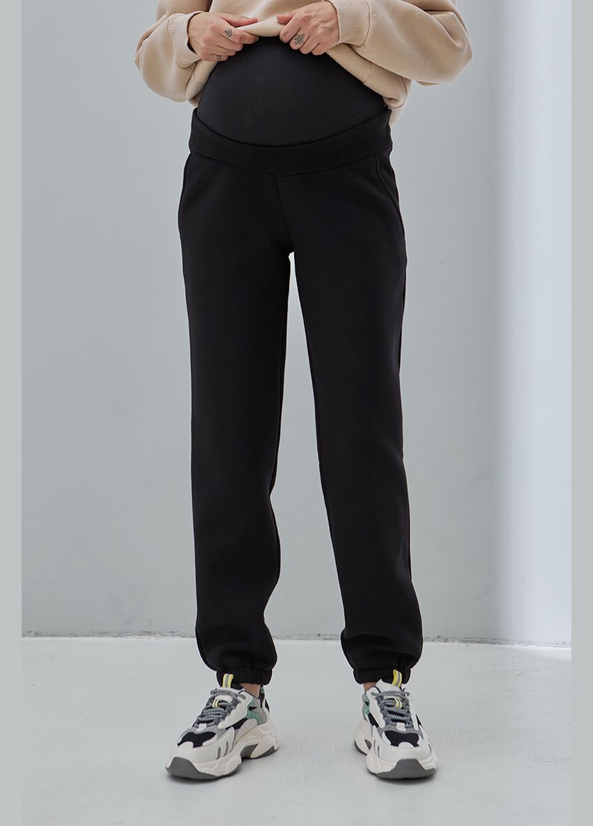 Теплые брюки-джоггеры для беременных черные трикотажные с начесом Юла мама (302648590)