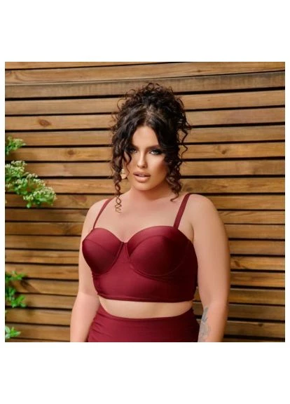 Бордовий демісезонний роздільний купальник plus size з високими плавками, твердими чашками в кольорі No Brand