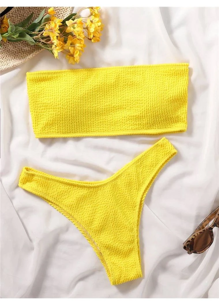 Бірюзовий демісезонний 👙купальник бандо з жатки чорний,, м'ята, білий, жовтий, блакитний👙 ▪️розмір s і м No Brand