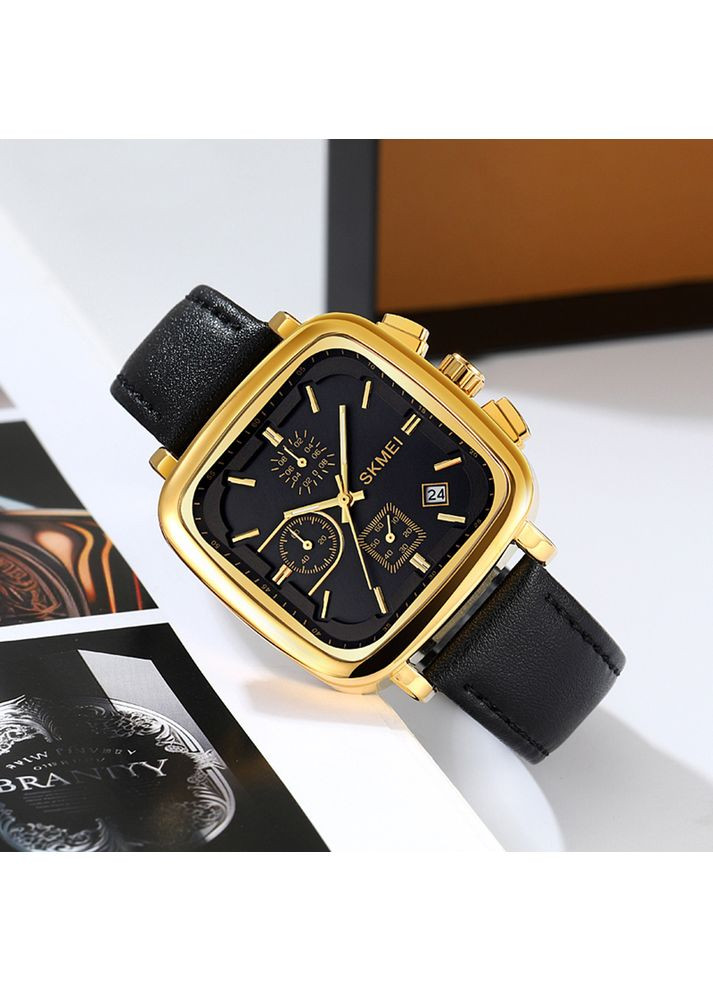 Годинник 2182GD Gold кварцовий з секундоміром для чоловіків золотистий зі шкіряним ремінцем квадратний ProDobro (367265739)