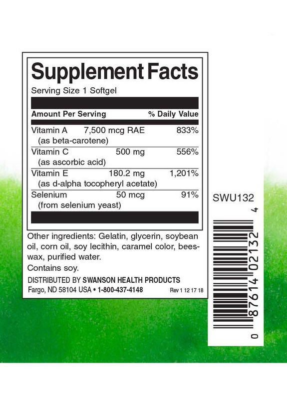 Витамины А С Е и селен, Vitamins A C E & Selenium, 60 капсул Swanson (364311058)