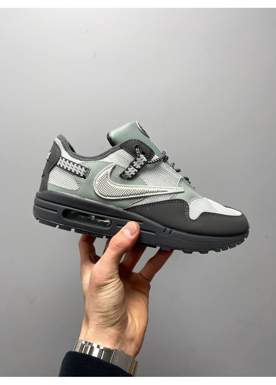 Серые демисезонные кроссовки мужские nike travis scott x air max 1 dusty sage найк тревис скот No Brand