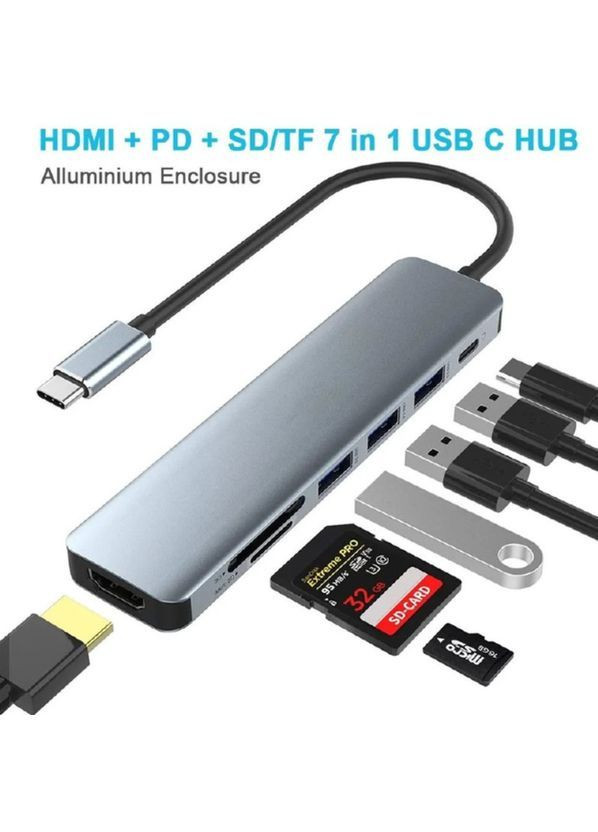 Мультифункціональний USB-хаб 7 в 1, розширювач портів з HDTV, USB 3.0, 2×USB 2.0, кардрідером SD і TF, PD-роз’ємом для зарядки No Brand (364674943)