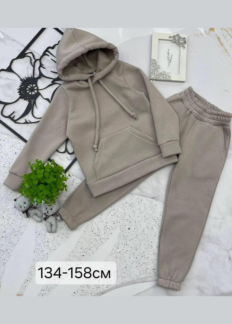 Бежевий зимній спортивний костюм дитячий теплий на флісі для дівчинки No Brand