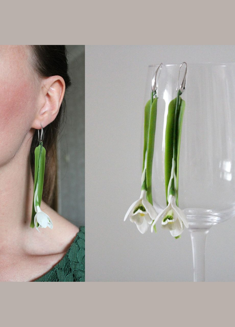 Серьги подснежники из холодного фарфора ручной работы. Длинные серьги. Подарки на 8 марта Handmade (334004036)