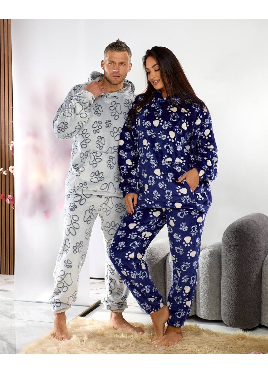 Сіра піжама унісекс лапки,тепла з кенгуру,двосторонній плюш штани та кофта з капюшоном Україна