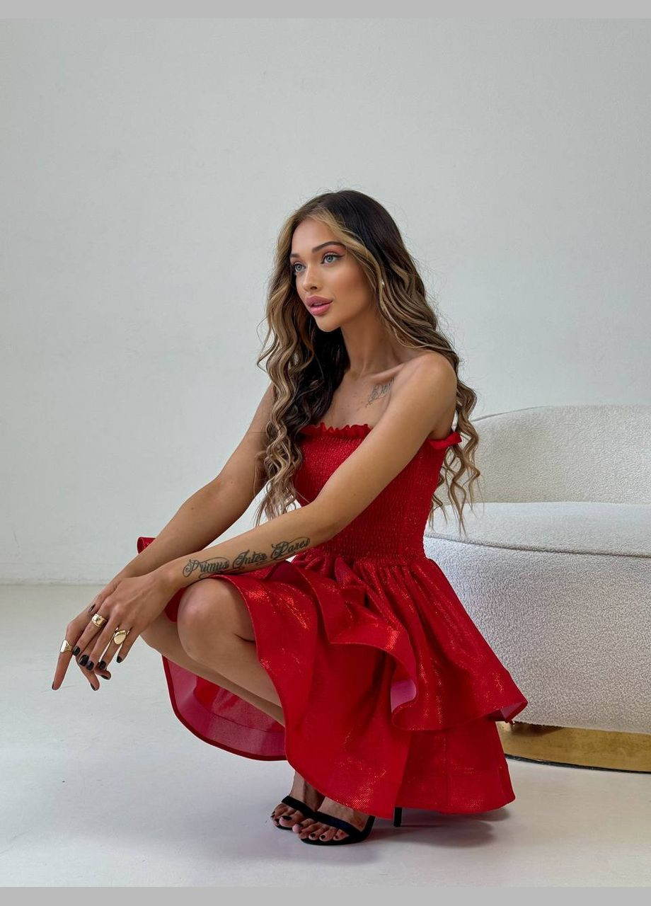 Красное праздничный платье а-силуэта с лифом на резинке и многоярусной юбкой с пышной юбкой, а-силуэт MonCher