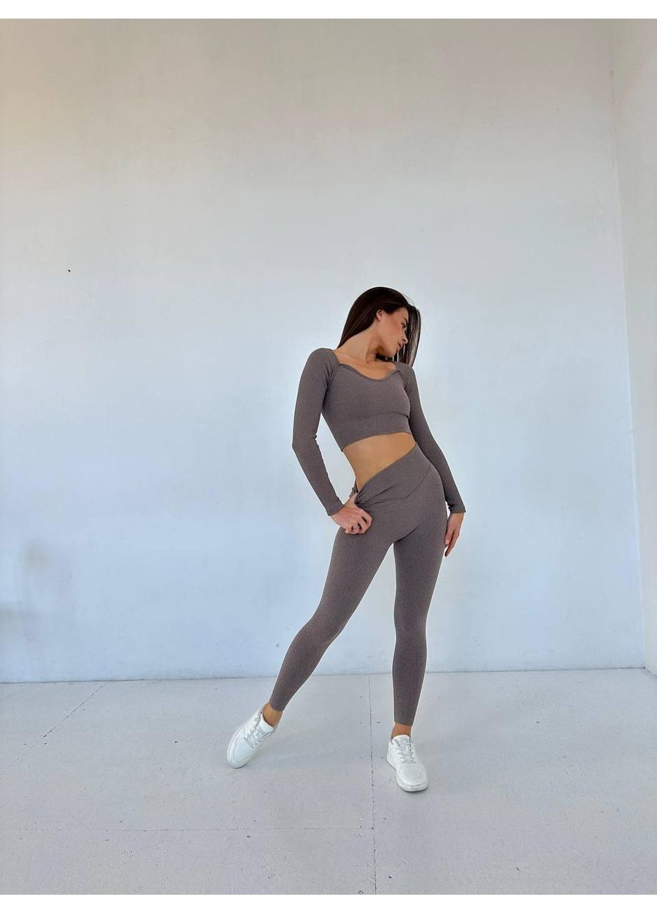 Фітнес костюм жіночий у рубчик ПУШ АП / Безшовний жіночий фітнес костюм у рубчик коричневий / Жіночий спортивний костюм No Brand (367102234)