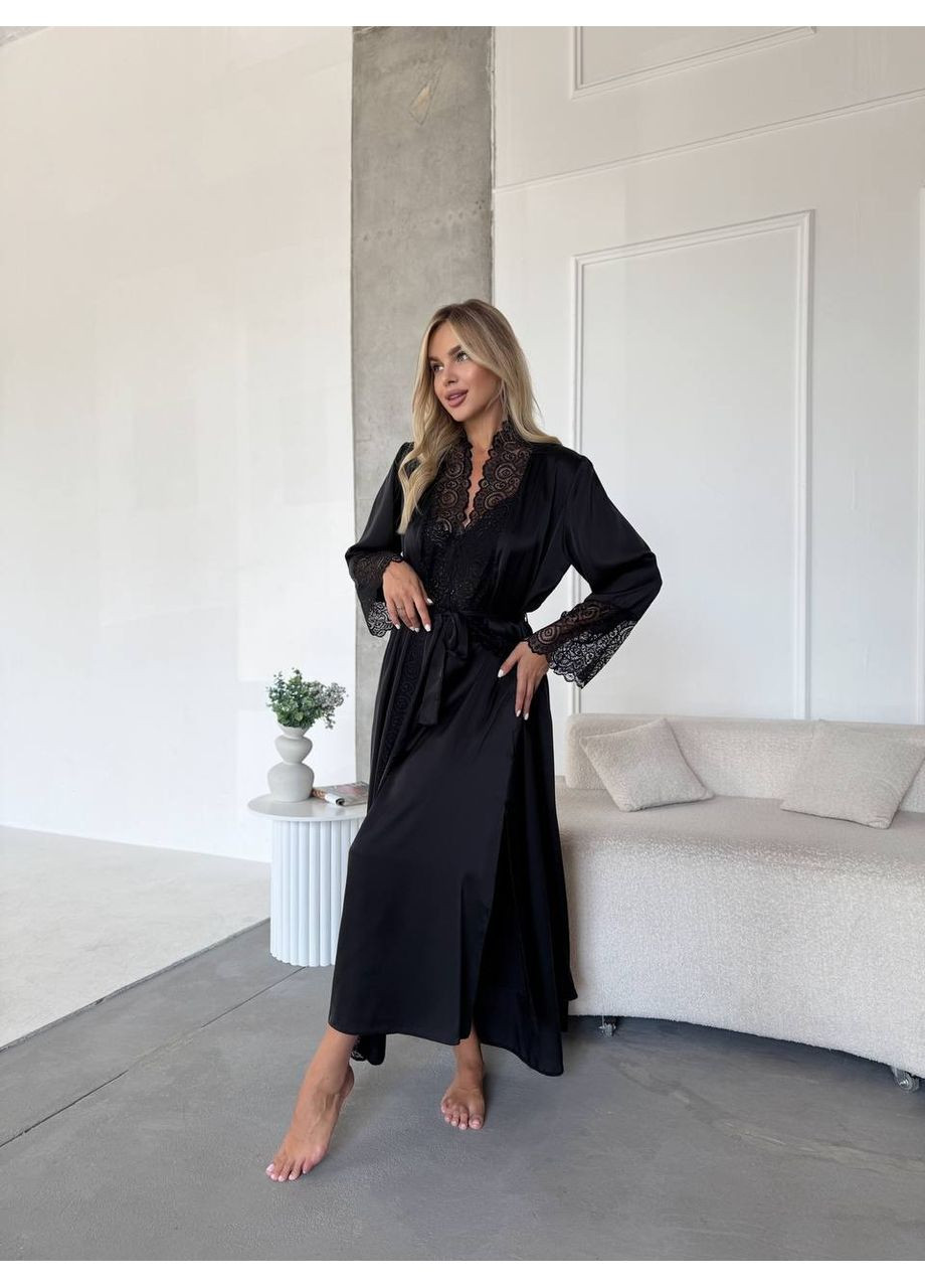 Чорна жіночій комплект халат+сорочка Гермес