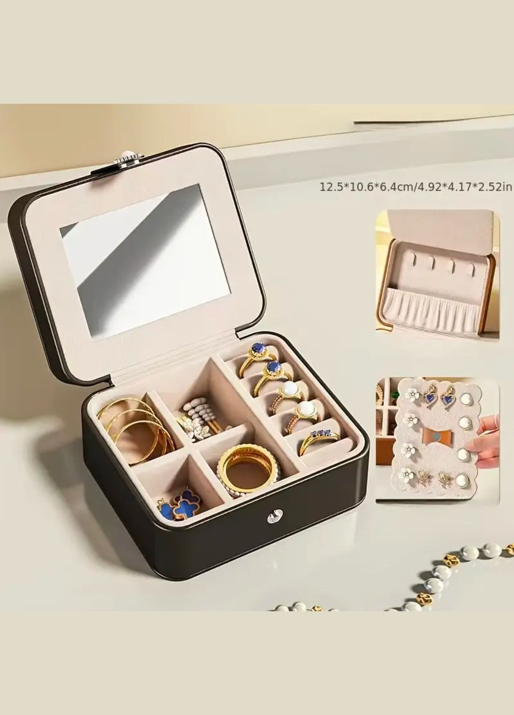 Стёганая шкатулка для украшений с зеркалом чёрного цвета No Brand (316680327)