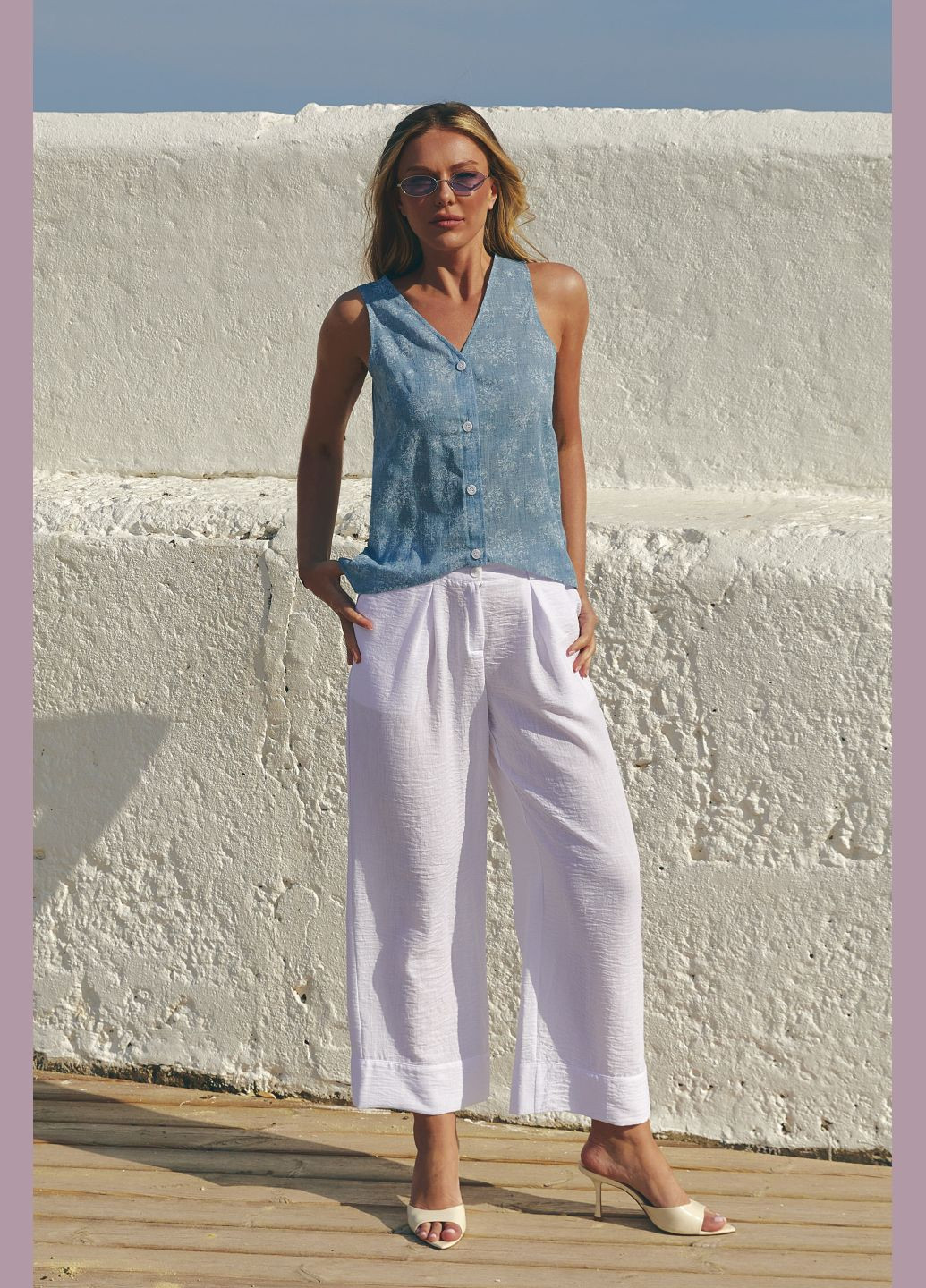 Брюки женские укороченные с высокой посадкой летние с карманами и резинкой на поясе свободного кроя ST-Seventeen (333337547)