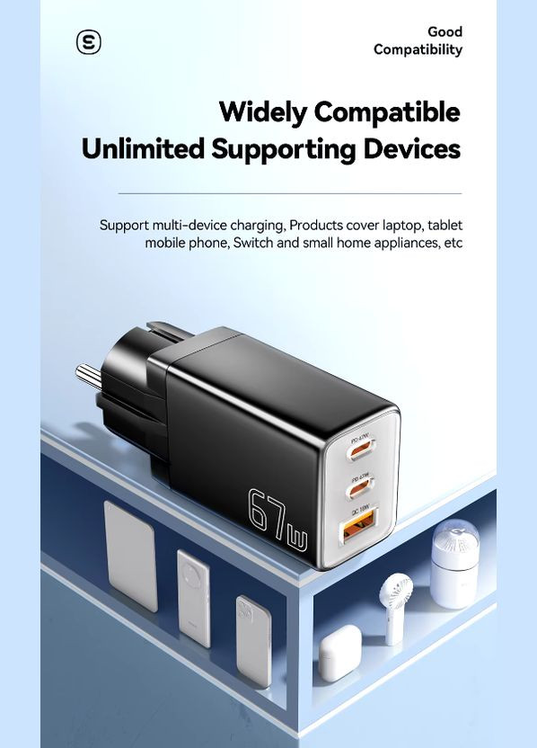 Зарядний пристрій 67W GaN (2xType-C + USB-A), QC4.0/PD3.0/Fast Charge Essager (307802656)