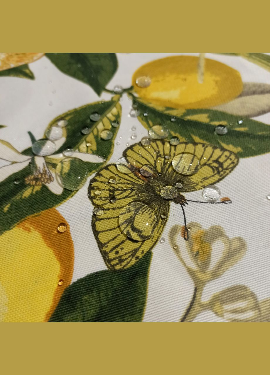 Скатерть на круглый стол водоотталкивающая хлопковая с тефлоновым покрытием "Лимоны и Бабочки" с кружевом 140 Maystat (305390433)