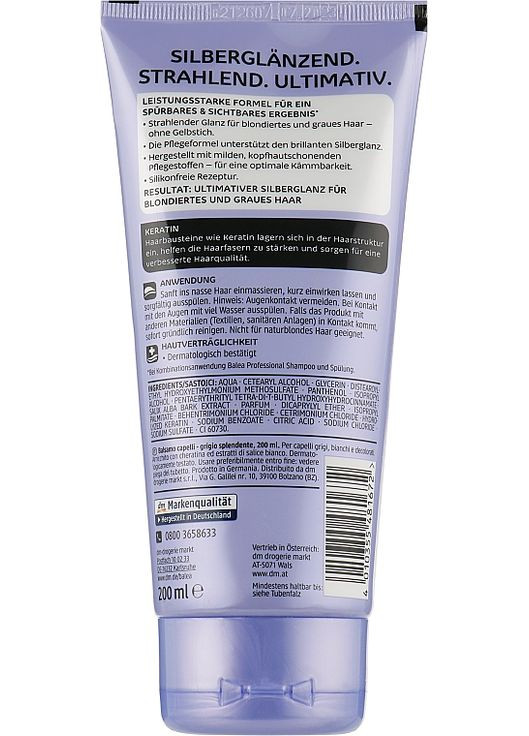 Кондиционер для волос "Серебряный блеск" Professional Silberglanz Conditioner 200ml (932667-117175) Balea (368628156)
