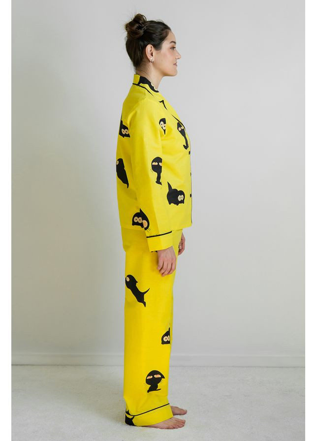 Желтая всесезон пижамный костюм из хлопка с брюками black cat Forly