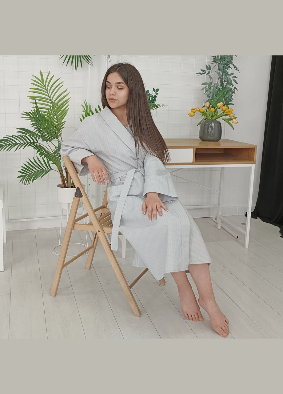 Вафельный халат Кимоно размер (54-56) XL 100% хлопок серый (LS-3377) Luxyart (302673708)