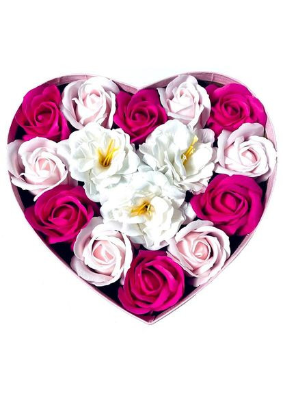 Букет из мыла Розовое сердце в коробке сердца композиция цветов из роз 12 шт + 3 камелии подарочный набор для девушки No Brand (316134653)